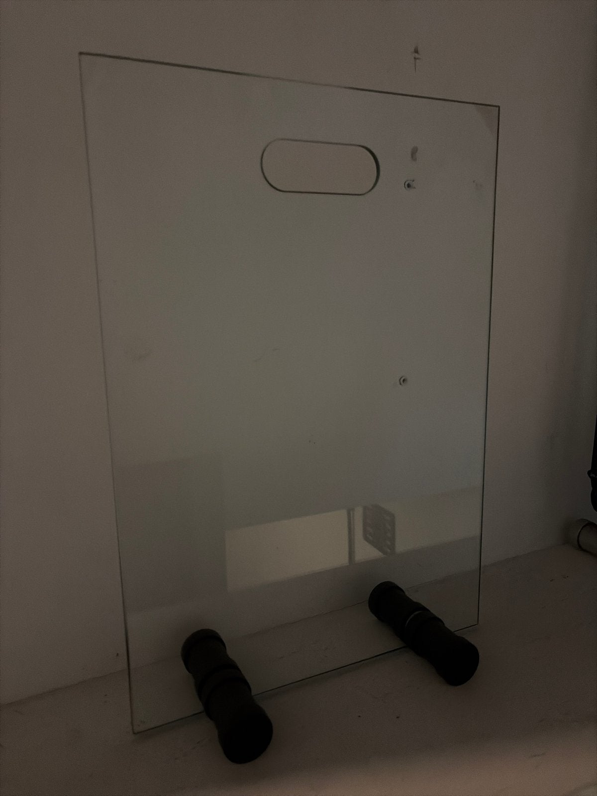 Glazen (open haard)scherm met handvat en zwarten voetjes, Huis en Inrichting, Haarden, Ophalen, Gebruikt