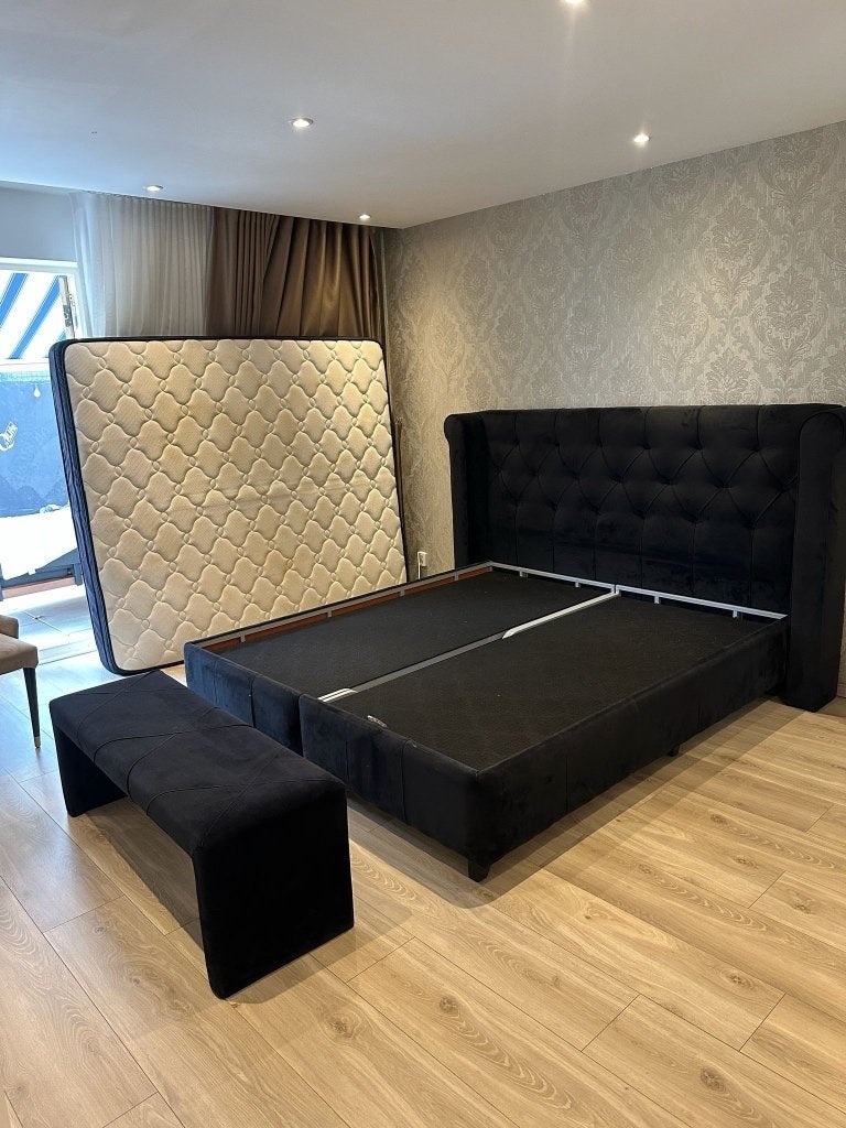 Zwart tweepersoonsbed met opbergruimte 180x200, Ophalen, Modern, Gestoffeerd, Met opbergruimte, Zwart, Tweepersoons
