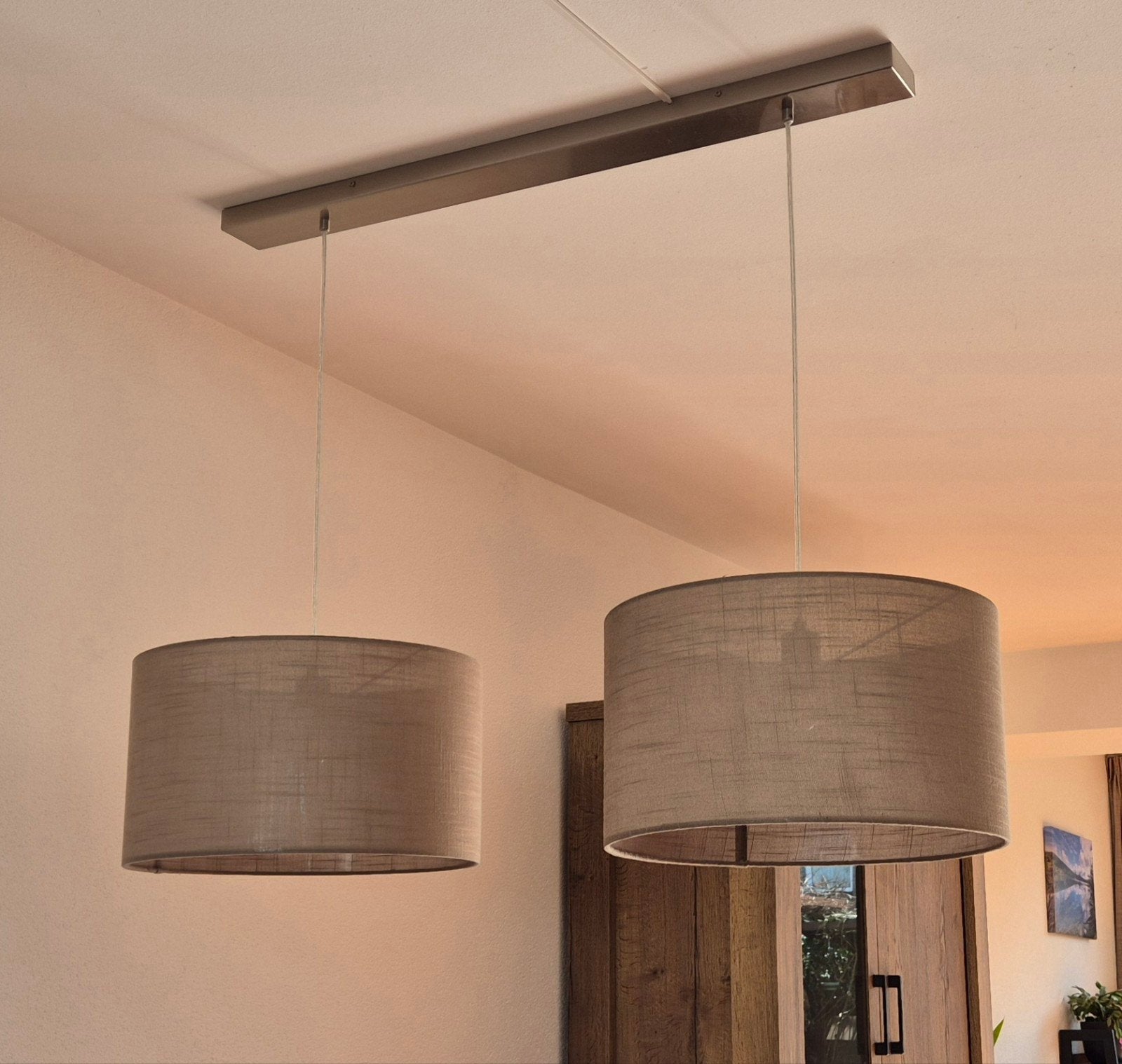 Eetkamertafel lamp met twee stoffen kappen, Ophalen, Gebruikt