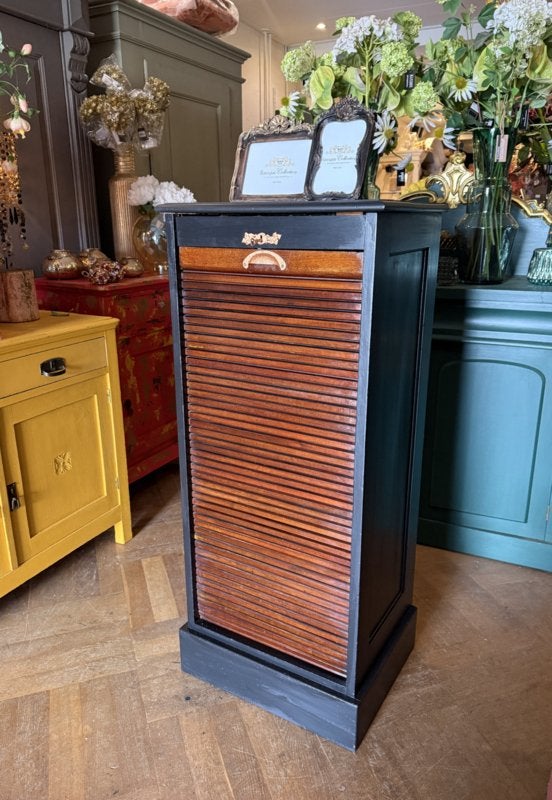 Vintage archiefkast met rolluik en lades, antiek kastje VdlM, Ophalen, Minder dan 50 cm, 5 laden of meer, 100 tot 150 cm