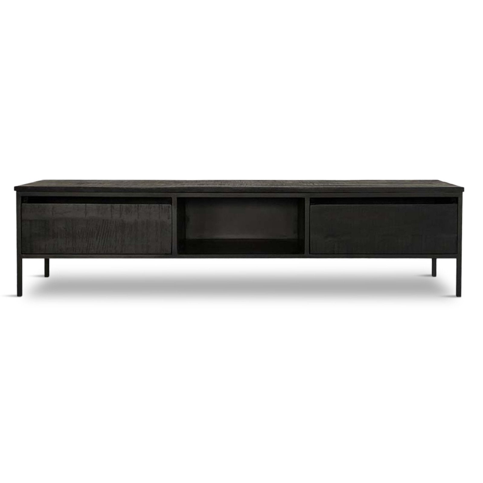 Zwart TV-meubel van mangohout met metalen onderstel, Ophalen, 150 tot 200 cm, Zo goed als nieuw, Minder dan 100 cm