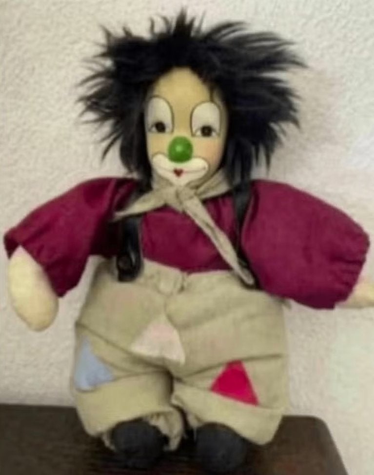 Clownspop met porseleinen gezichtje, pop clown; zwarte haren, Verzamelen, Ophalen of Verzenden, Zo goed als nieuw, Pop
