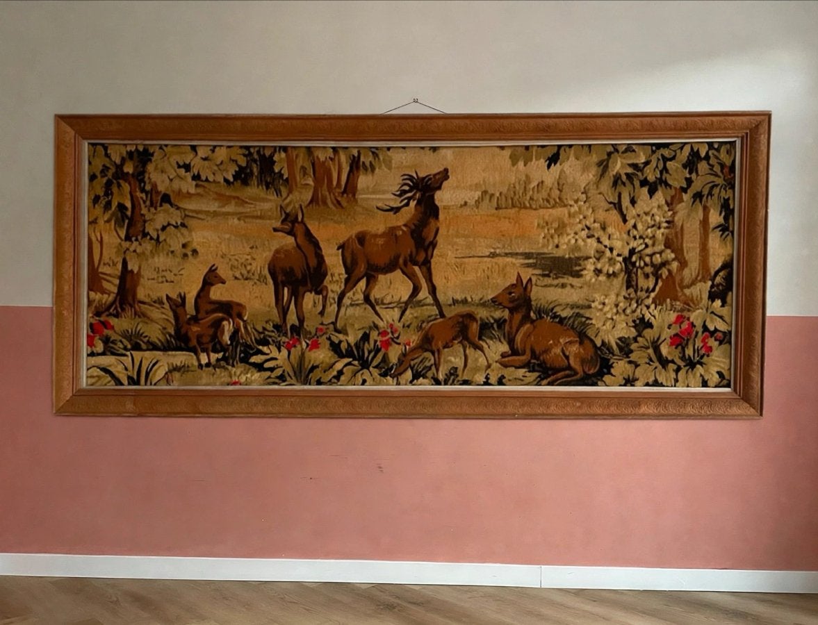Vintage ingelijst wandkleed met herten - 67x174cm, Ophalen