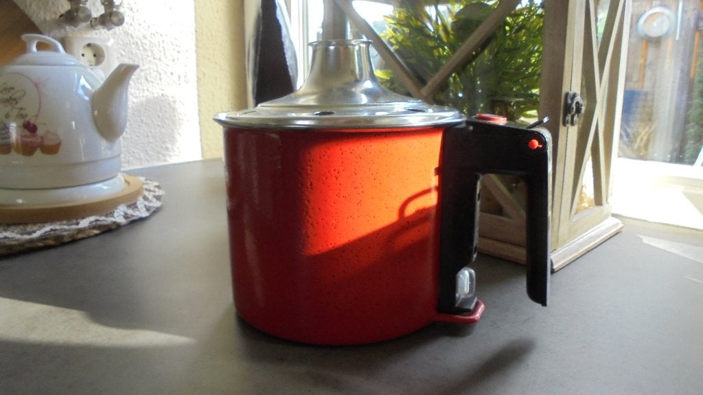 retro, rode melkkoker met overloop, doorsnee 17H14cm, Ophalen of Verzenden