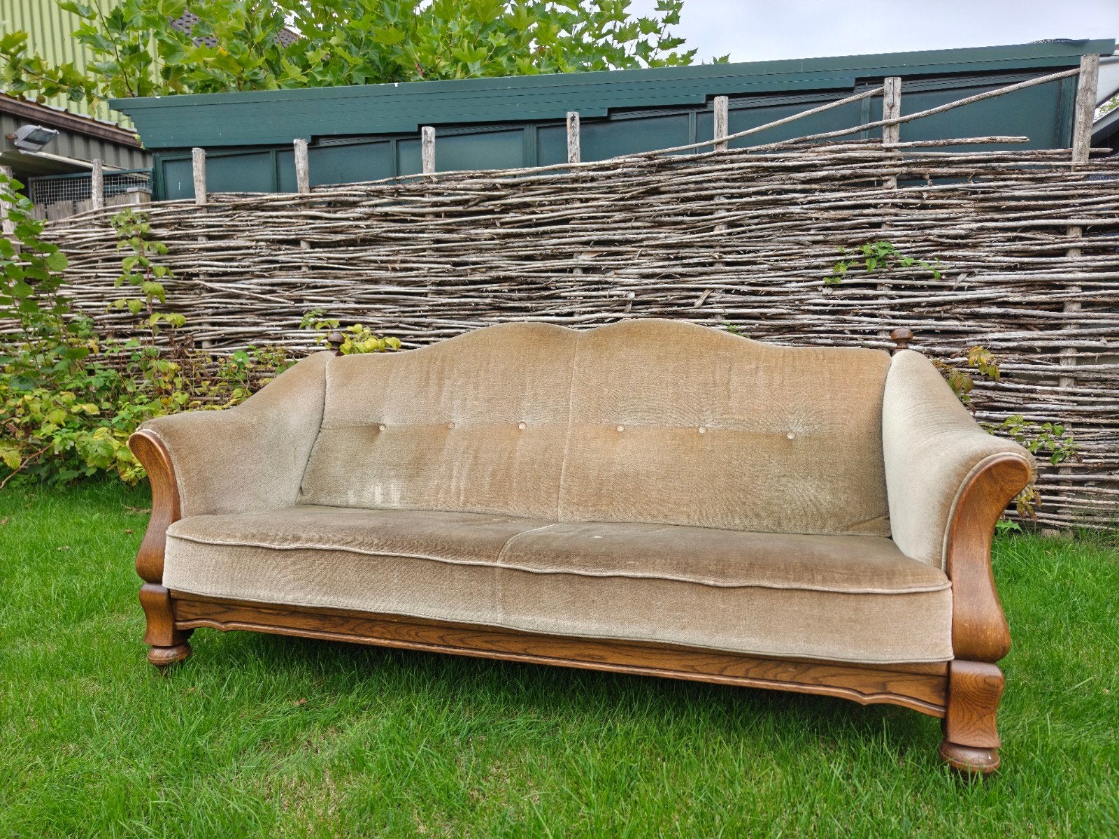 Vintage bank met velours bekleding, warm groen, Antiek en Kunst, Ophalen