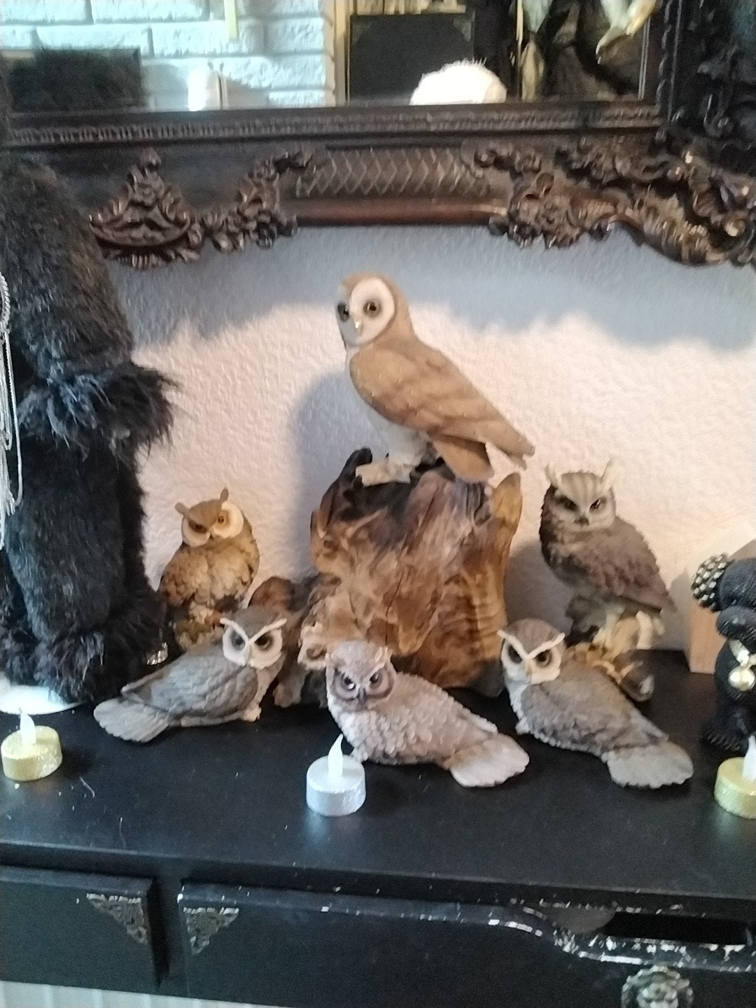 uilen, familie, moeder,op boomstam,32,hoog,,, Ophalen of Verzenden, Gebruikt, Bruin, Natuurlijk materiaal