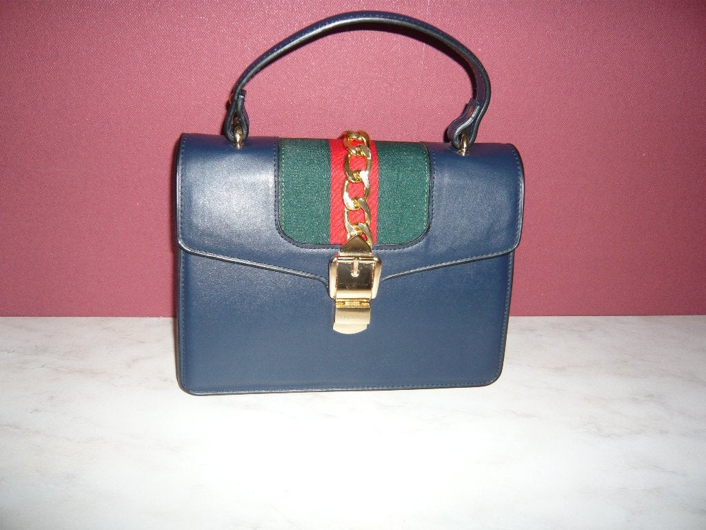 Mooie tas blauw leer met groen rood goud middenstuk 25x18 cm, Ophalen of Verzenden, Zo goed als nieuw, Blauw, Handtas