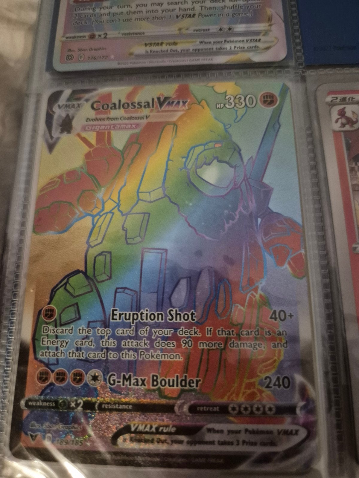 Pokémon TCG Coalossal VMAX Rainbow Rare 189/185, Ophalen of Verzenden, Zo goed als nieuw, Losse kaart, Foil
