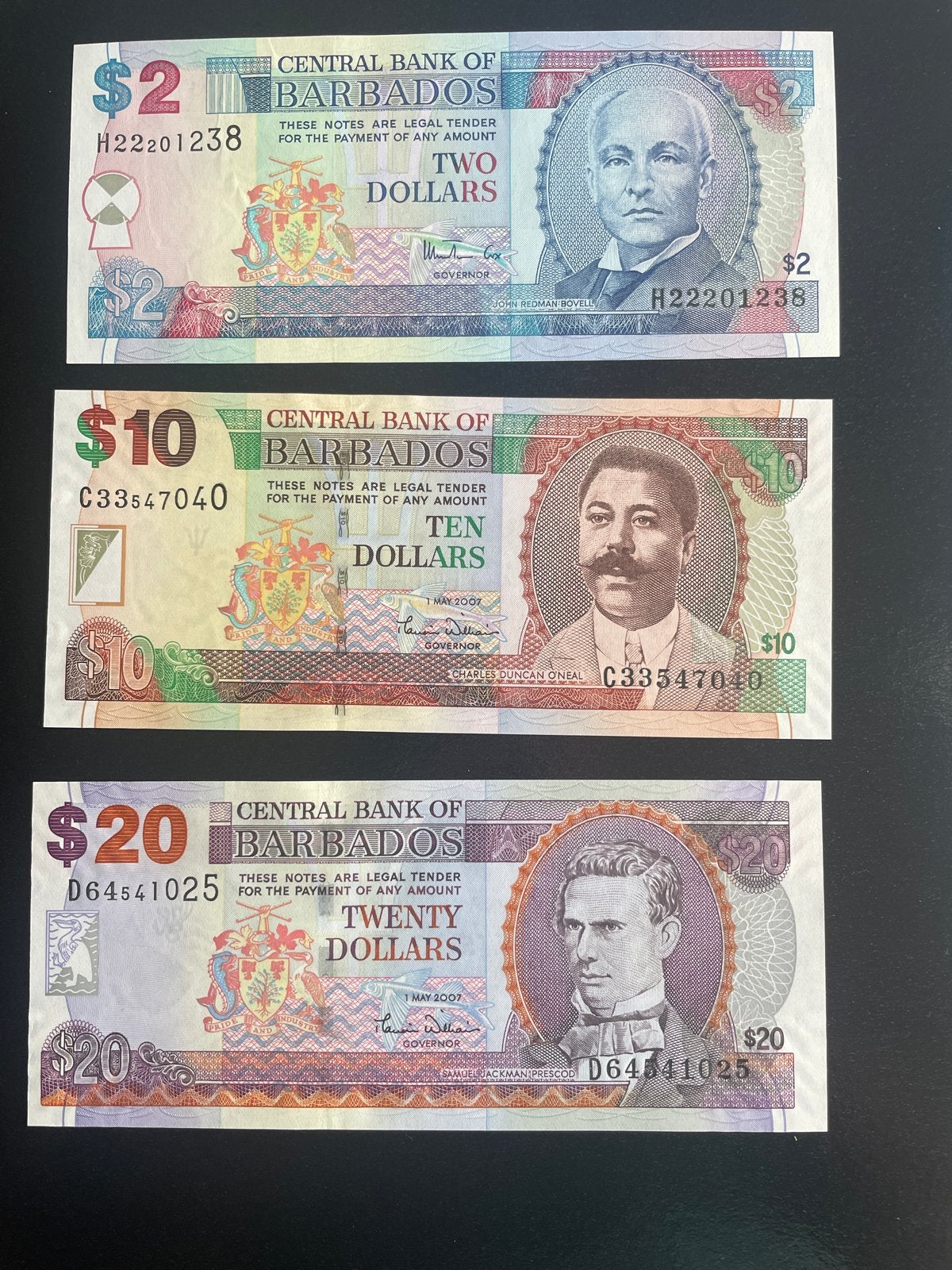Setje van 3 bankbiljetten uit Barbados: $2, $10, $20, Ophalen of Verzenden, Noord-Amerika, Setje