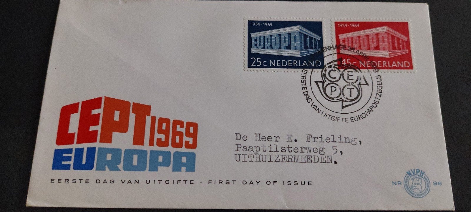 eerste dag envelop nederland e96 europa 1969, Ophalen, Beschreven, Nederland