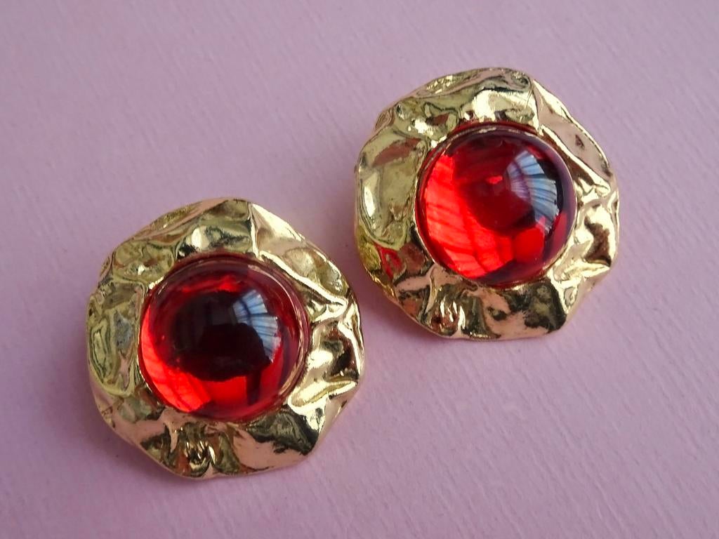 jwg Vintage 80s 90s rood glas stenen oorbellen goud verguld, Verzenden, Overige materialen, Oorbellen, Verguld