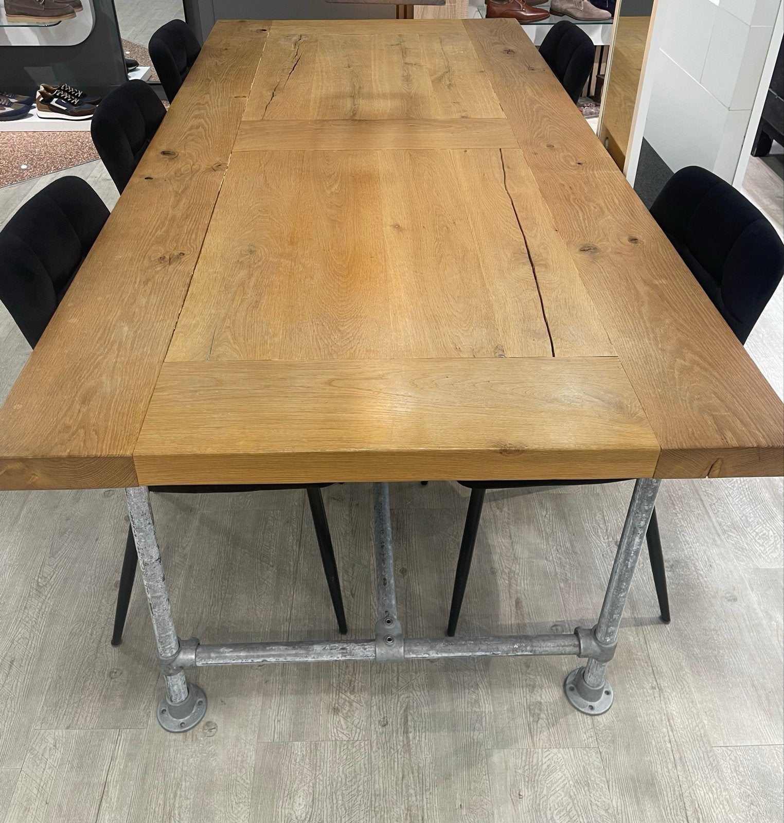 Stoere eiken eettafel met steigerbuis frame 100x210cm, Ophalen, Gebruikt, Eikenhout, 200 cm of meer