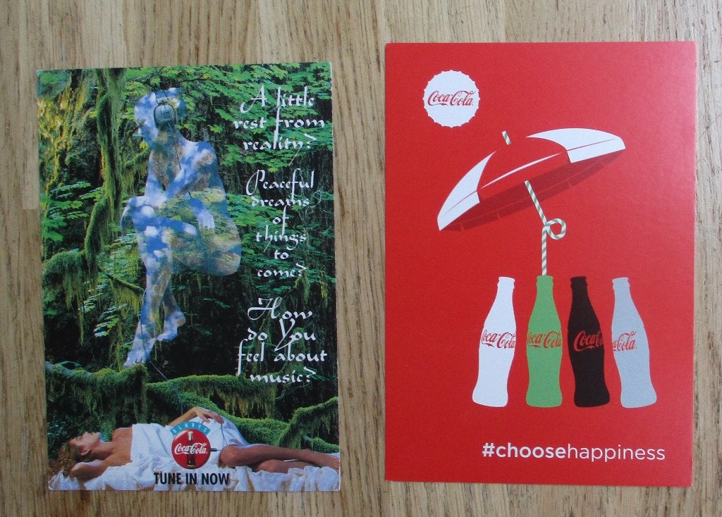 2 coca cola reclamekaarten choose happiness tune in nov, Ophalen of Verzenden, Overige typen