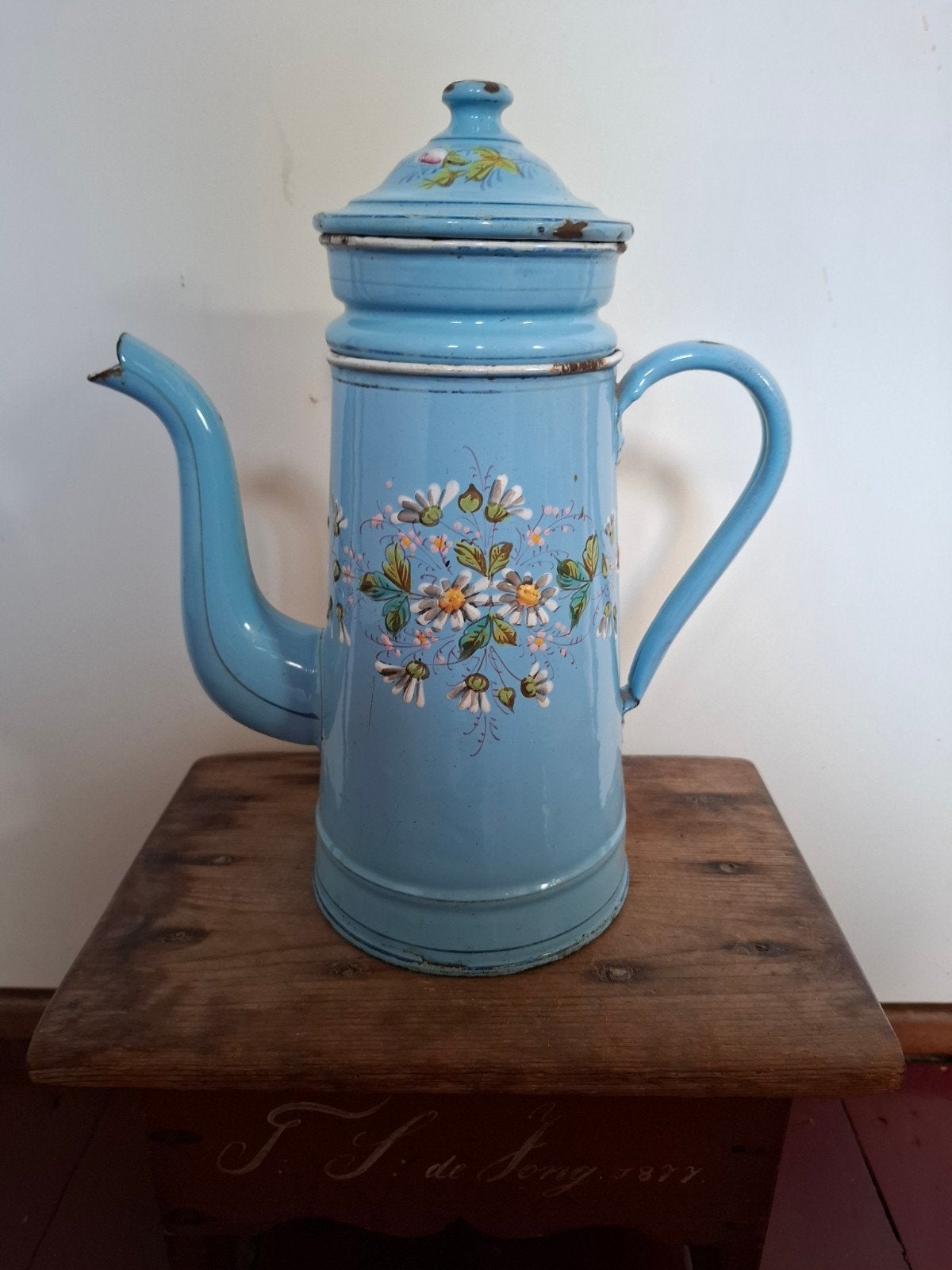 Antieke Franse blauwe emaille koffiekan met bloemdecor, Ophalen of Verzenden