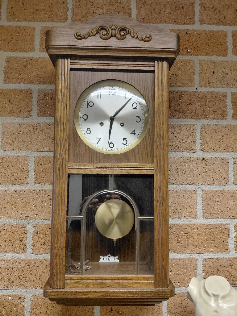 Bimbam regulateur in eiken kast, zeer mooie staat., Ophalen