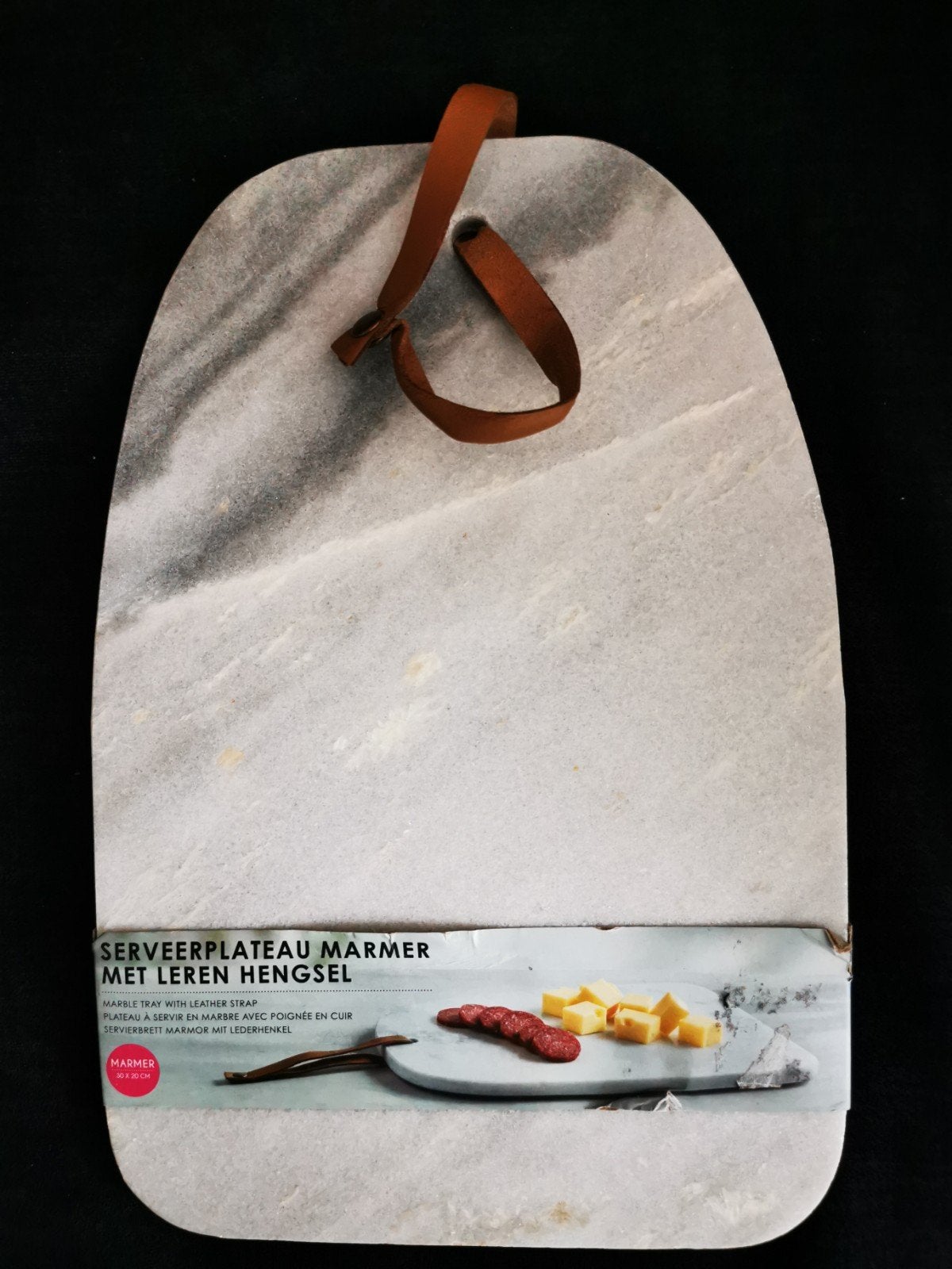 Marmeren serveerplank met leren hengsel - 30x20 cm, Huis en Inrichting, Keuken | Keukenbenodigdheden, Nieuw, Snij-/serveerplank