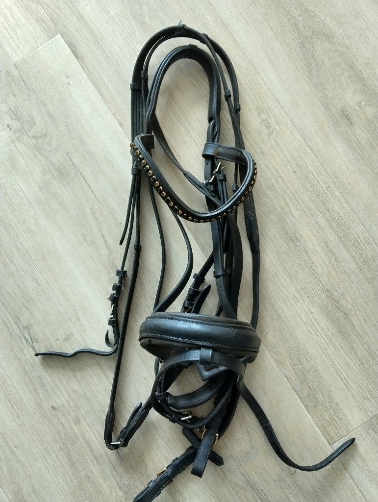 Zwart met bruin leer dressuurhoofdstel ZGAN, Hoofdstel, Inclusief teugels, Ophalen of Verzenden, Full