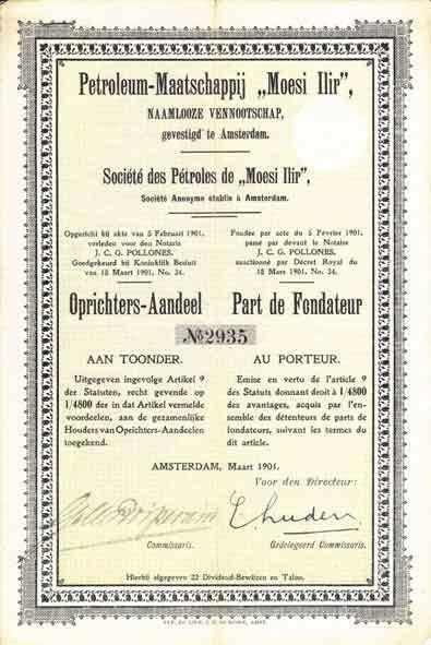 Petroleum Maatschappij Moesi Ilir, Ophalen of Verzenden, Voor 1920, Aandeel