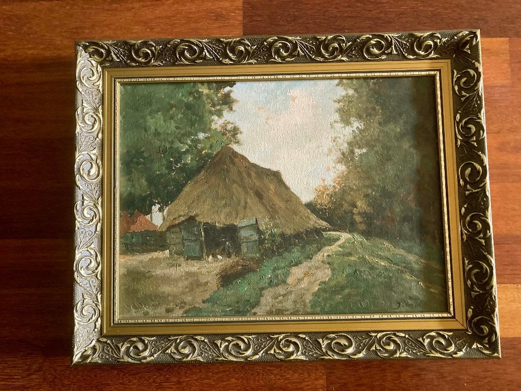 Landschap met schuur van J. van Zijl - olieverf 29 x 39 cm, Antiek en Kunst, Kunst | Schilderijen | Klassiek, Ophalen