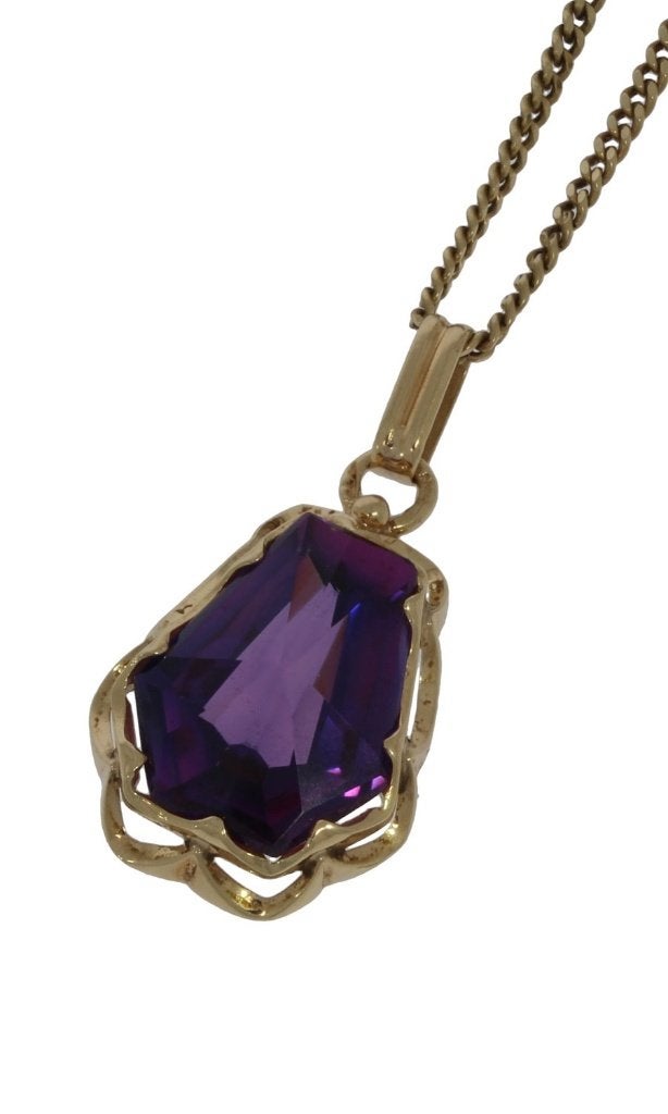 Amethist edelsteen 14k gouden ketting hanger diepe kleur, Voordeelsieraden, Ophalen of Verzenden, Zo goed als nieuw, Met edelsteen
