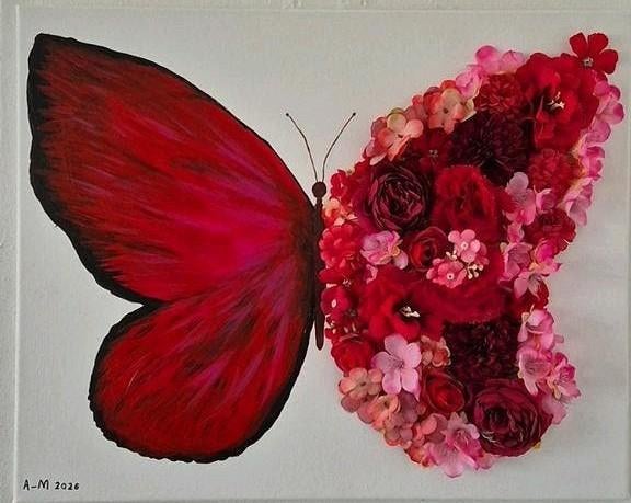 Uniek Vlinder Kunstwerk: Schilderij & 3D Bloemen, Antiek en Kunst, Ophalen of Verzenden