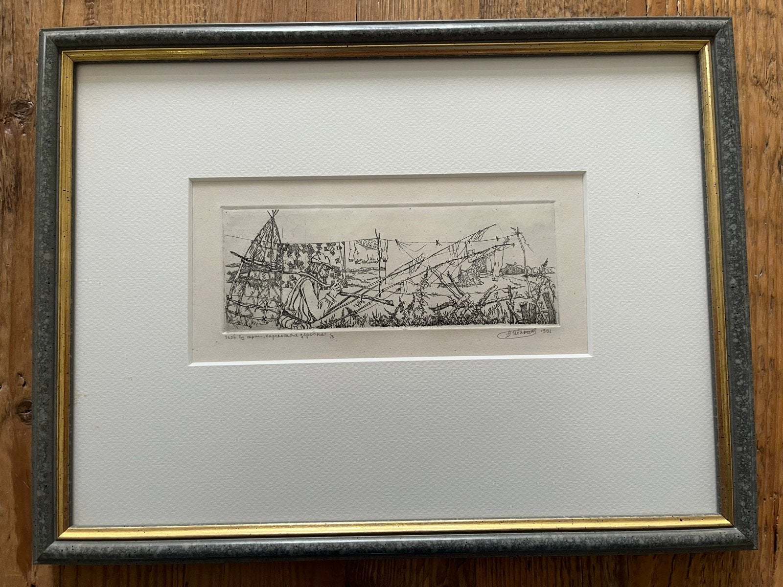 V. Ivanov. Set van 3 ingelijste etsen, Ophalen, Dagelijks leven, Gesigneerd, 1950 - 1999
