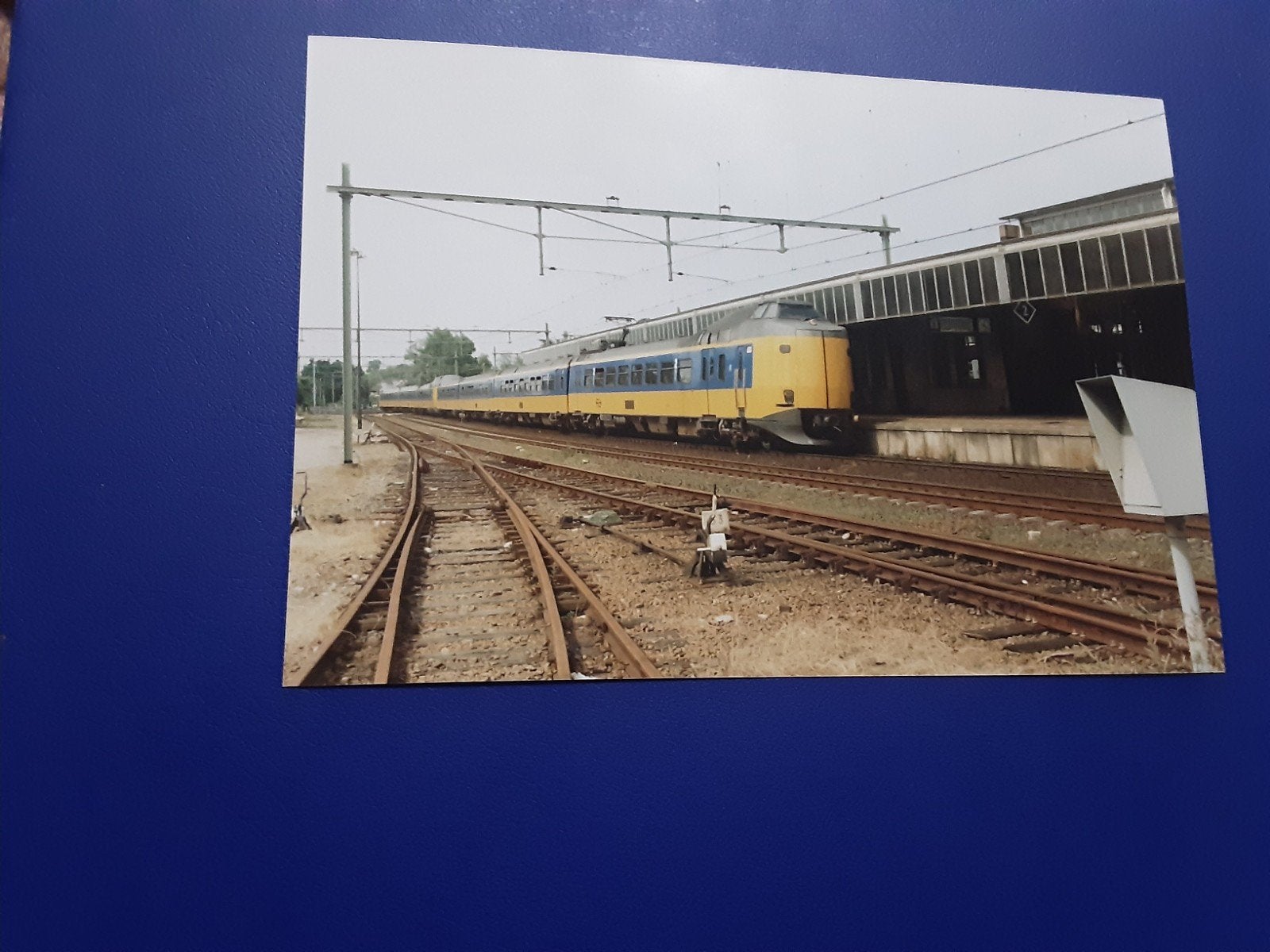 NS Trein Foto - Gele en Blauwe Trein op Station, Verzamelen, Spoorwegen en Tramwegen, Ophalen of Verzenden