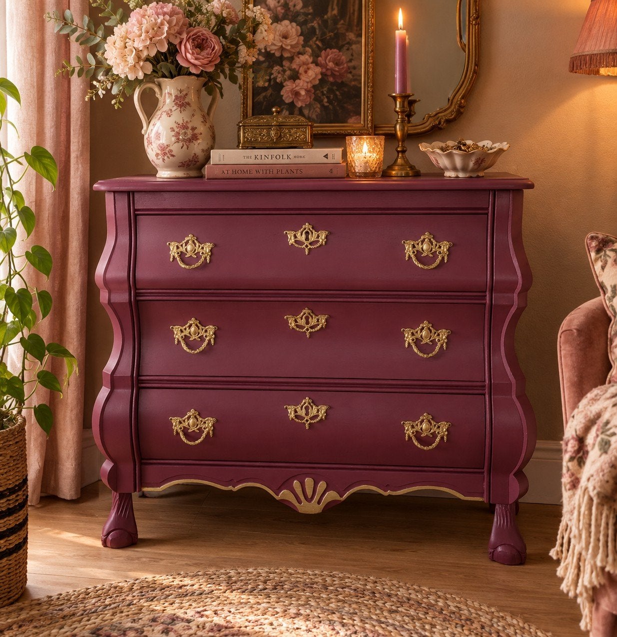 ️Luxe gerestyled buikkastje in Bourgondisch rood️, Ophalen, Gebruikt, Klassiek, antiek, vintage, brocante, landelijk, kastje, 50 tot 100 cm