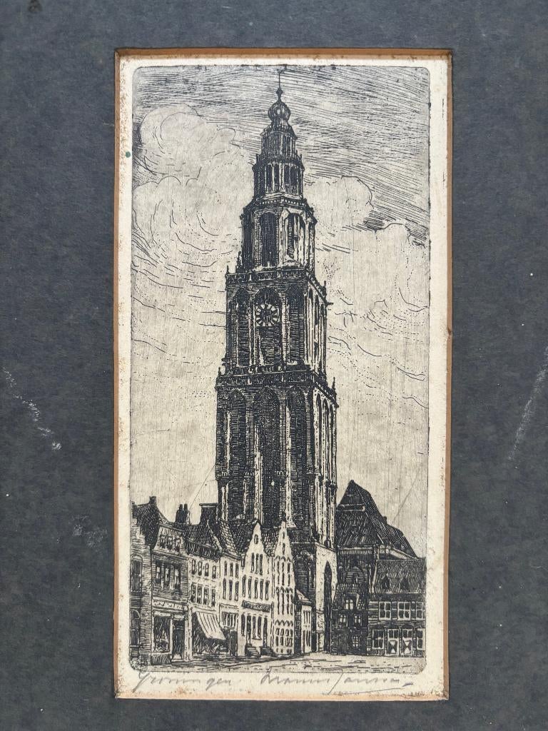 Marius Jansen (1885-1957) - Martinitoren Groningen, Antiek en Kunst, Kunst | Etsen en Gravures, Ets, Gesigneerd, Ingelijst, Met passe-partout