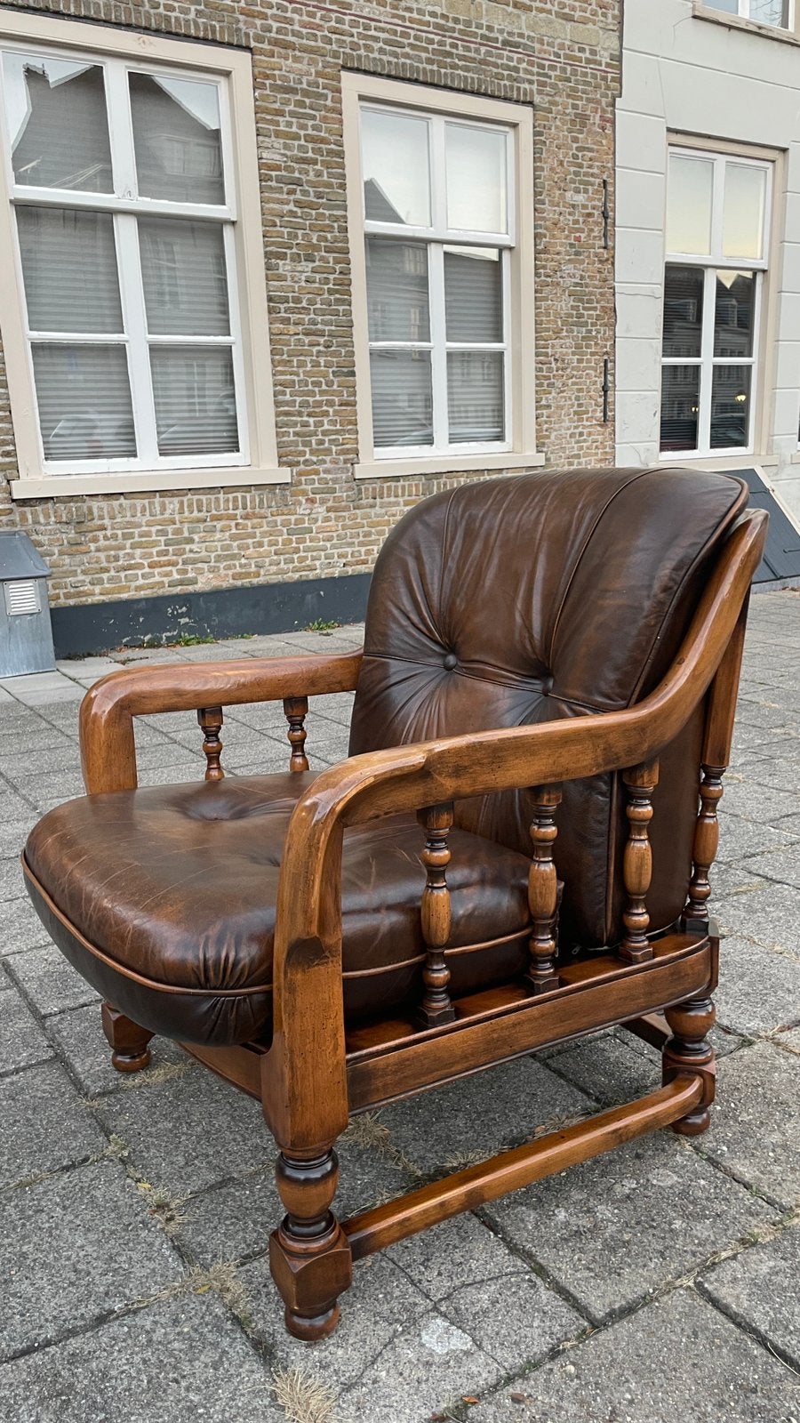 Vintage Leren Fauteuil met eikenhouten frame, jaren ‘70-‘80, Ophalen, Gebruikt, Hout