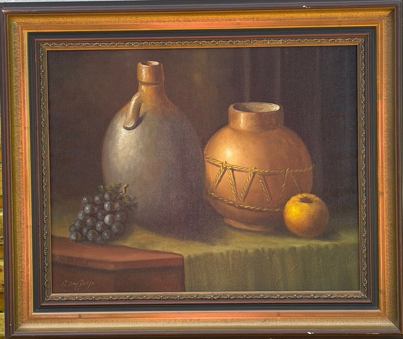 A. van Dorp - stilleven met potten en fruit, Antiek en Kunst, Ophalen, Doek, Stilleven, Olieverf