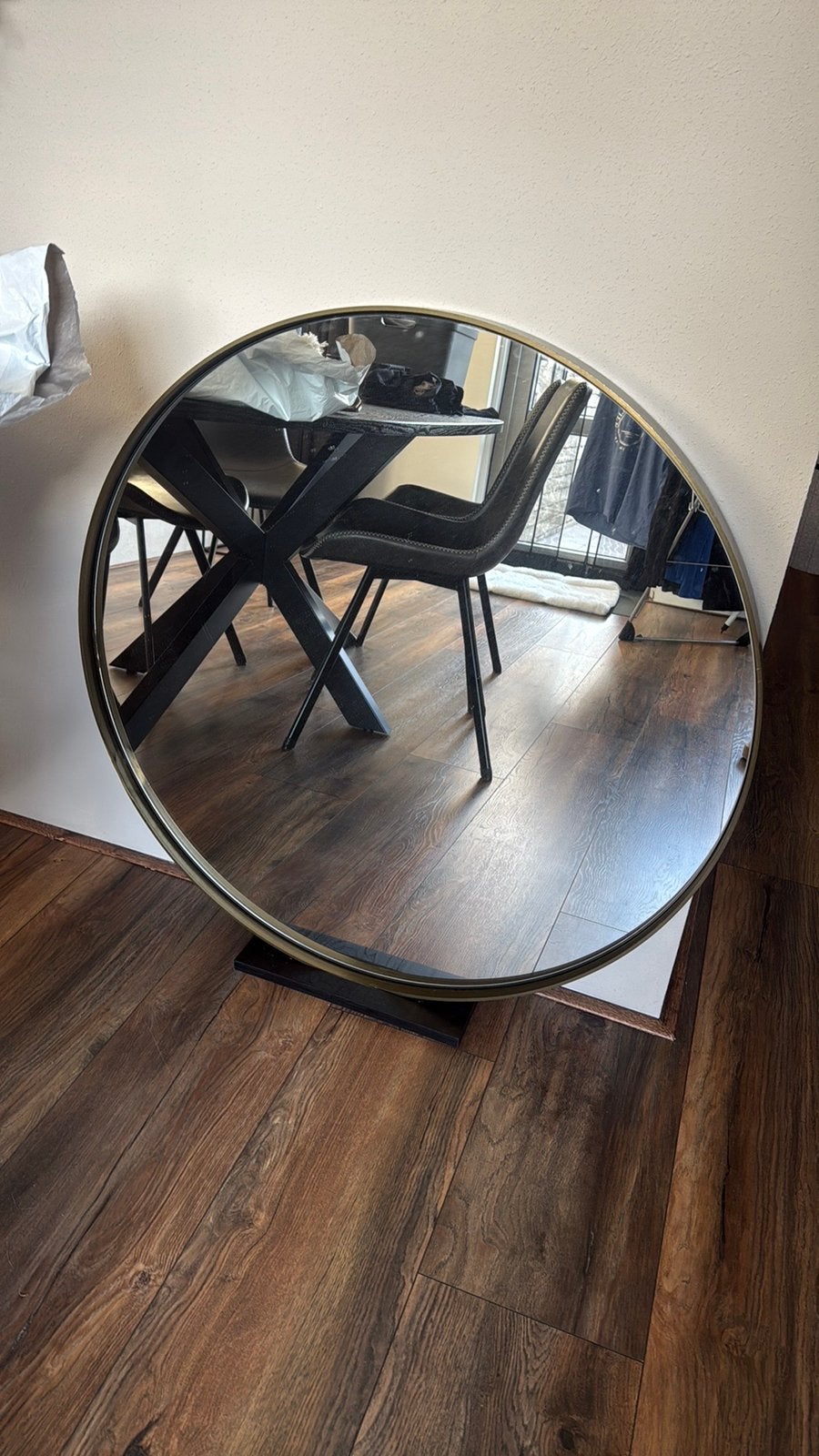 Grote ronde spiegel met messing rand, Ophalen, Rond, Zo goed als nieuw, 75 tot 100 cm