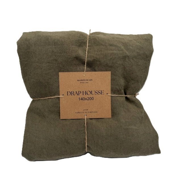 100% linnen hoeslaken 140x200 Khaki, Huis en Inrichting, Hoeslaken of Sloop, Nieuw, Ophalen of Verzenden, Twijfelaar