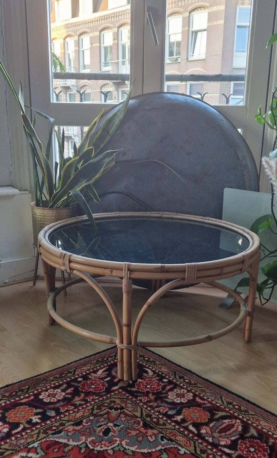 Vintage rotan en rookglas tafel, Ophalen, Gebruikt, 50 tot 100 cm, 50 tot 100 cm