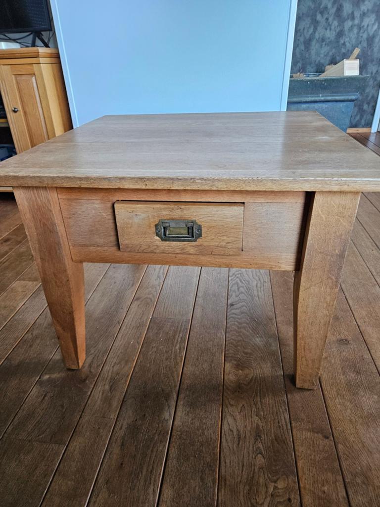 2 Massief Blank Eiken Tafeltjes met Lade (70x70 cm), Ophalen, Gebruikt, 50 tot 100 cm, 50 tot 100 cm