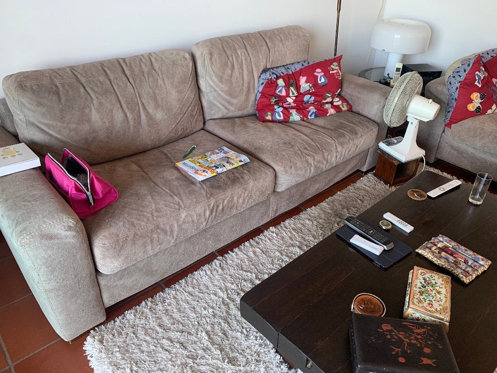 Bankstel geborsteld beige leer, Huis en Inrichting, Ophalen, Zie foto, Gebruikt, 150 tot 200 cm