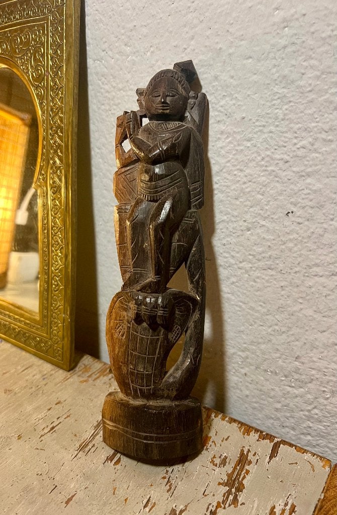 Hindu God Krishna antiek vintage handgemaakt houten beeldje, Ophalen of Verzenden, Handgemaakt, 20 - 50 cm, Beeld