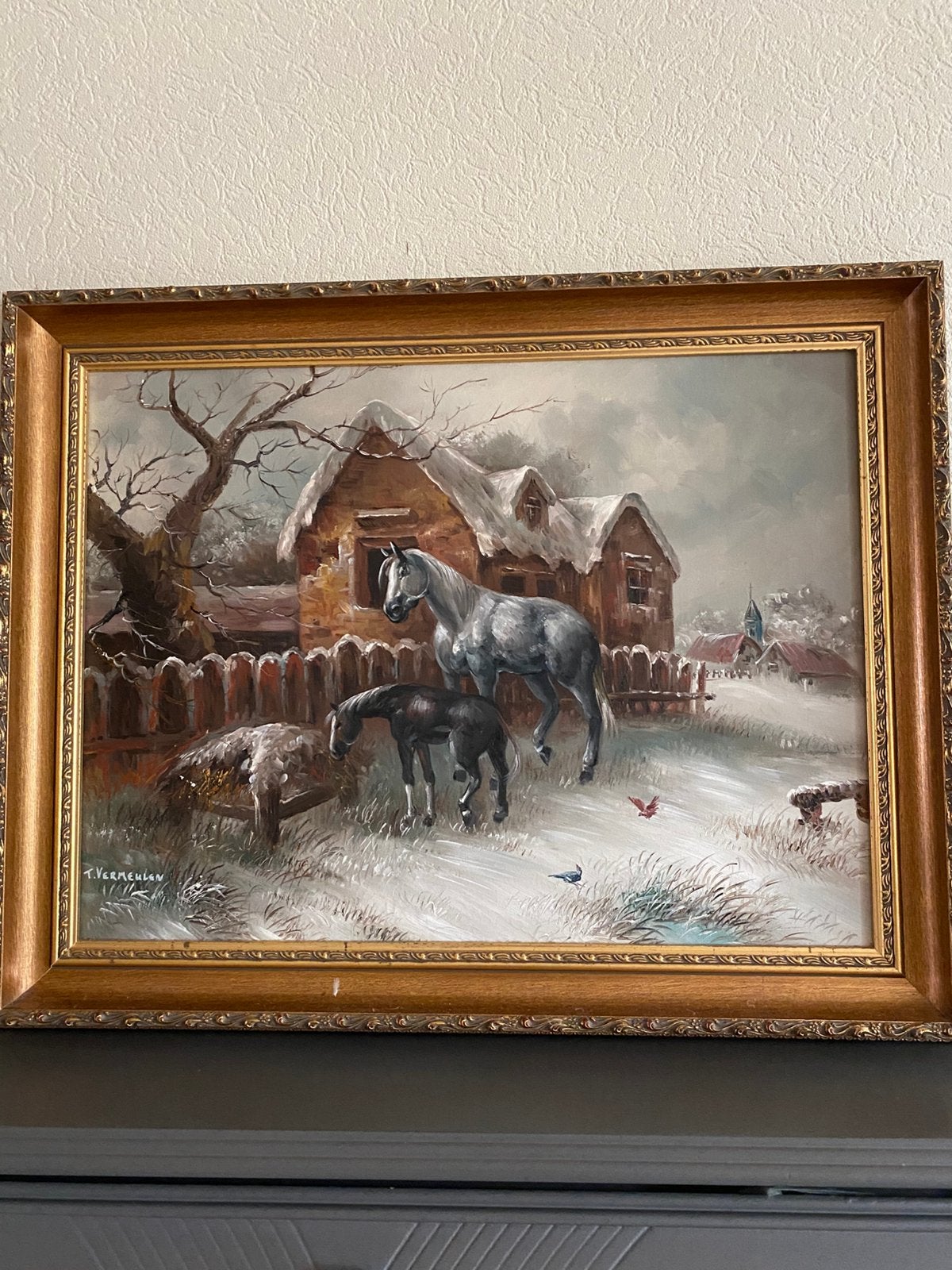 Horses in de  winter gesigneerd, Antiek en Kunst, Kunst | Schilderijen | Klassiek, Ophalen of Verzenden