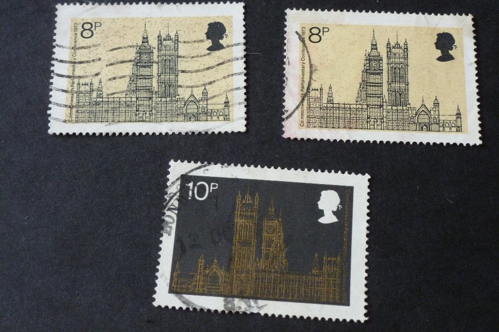 Postzegels - UK - 3x 8 (2x) en 10 pence 1973 gestempeld, Ophalen of Verzenden, Gestempeld