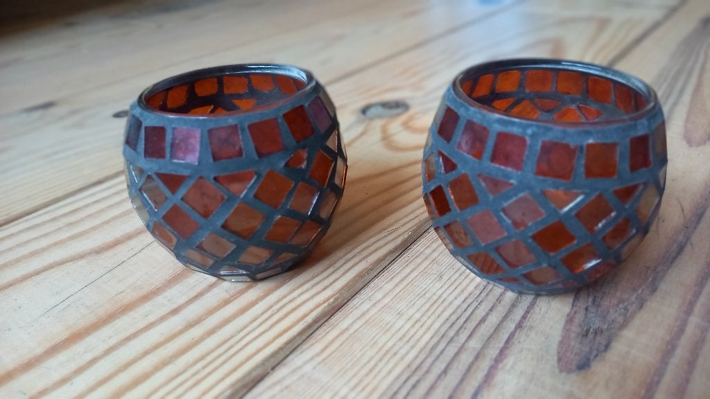 2 waxinelicht houder, Waxinelichthouder, Oranje, Ophalen of Verzenden, Glas