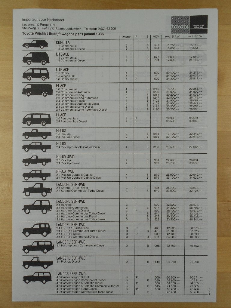 Toyota Prijslijst Brochure 1986 LandCruiser HiLux Corolla, Toyota, Ophalen of Verzenden, Zo goed als nieuw, Toyota