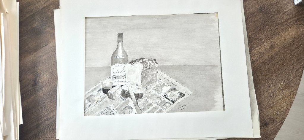 Stilleven van brood en wijn, Ophalen, Acrylverf, Gesigneerd, Stilleven