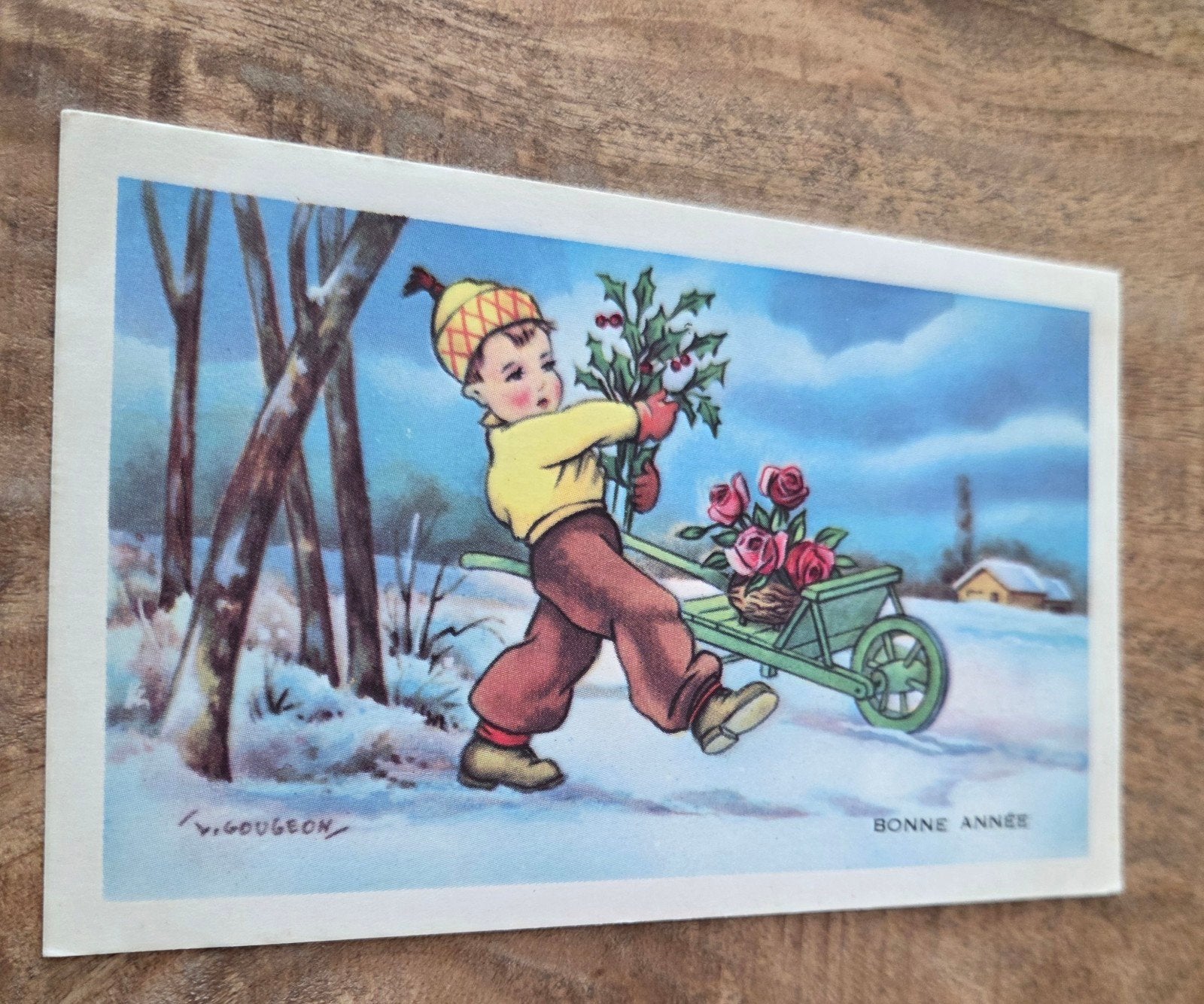 Vintage Franse Nieuwjaarskaart - Jongen met kruiwagen, Verzenden, 1960 tot 1980, Gelopen, Feest(dag)