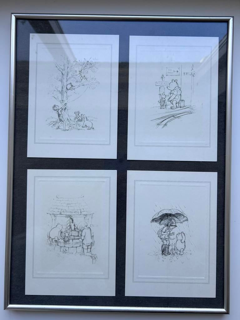Pentekeningen Winnie the Pooh ingelijst, Antiek en Kunst, Ophalen