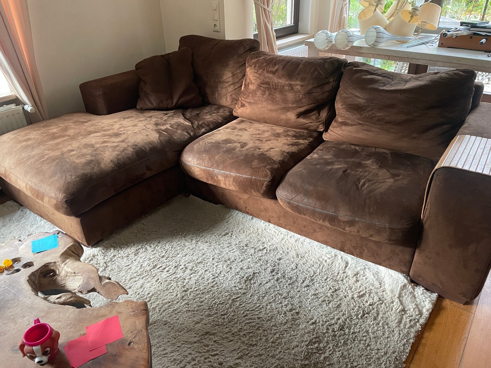 GRATIS!!! Bruine hoekbank met chaise longue - Gebruikt, Ophalen, 250 tot 300 cm, Gebruikt, Hoekbank