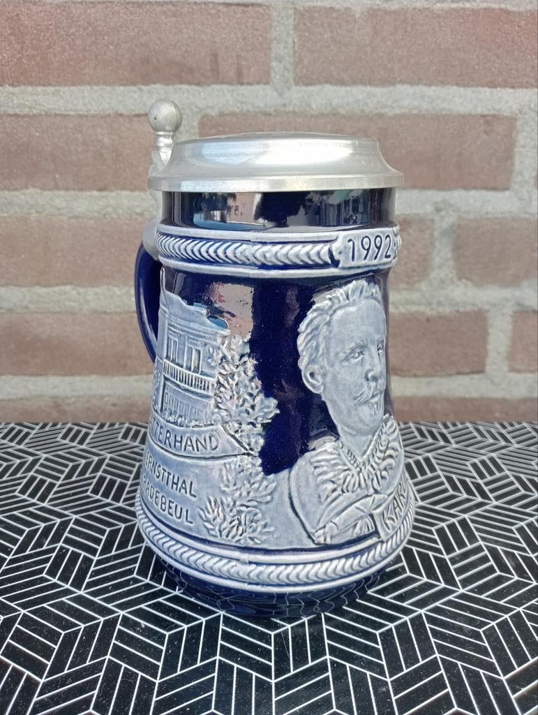 Vintage Bierpul 1992 - Karl May - Blauw Keramiek, Verzamelen, Ophalen