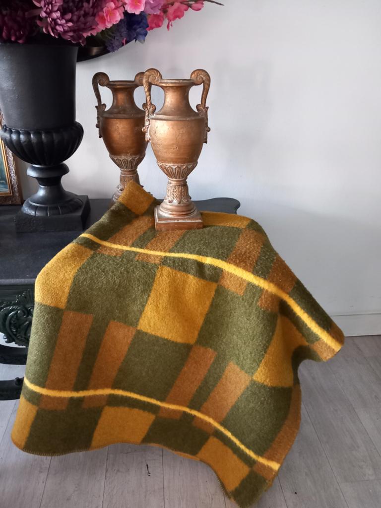 Vintage wollen deken, geruit, okergeel/olijfgroen, Huis en Inrichting, Woonaccessoires | Plaids en Woondekens, Ophalen of Verzenden