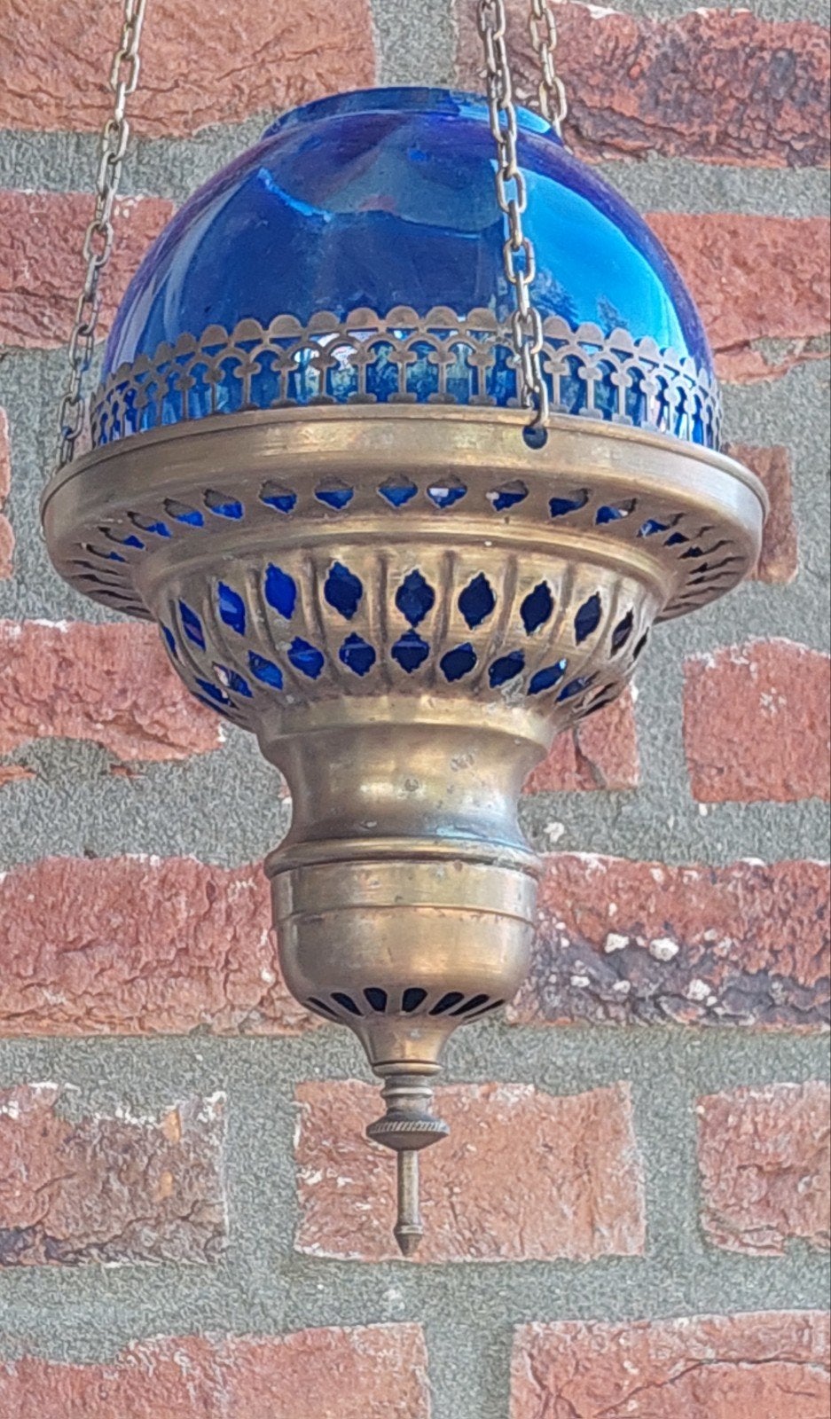 Antieke Hanglamp met Kobaltblauw Glas en Messing, Antiek en Kunst, Verzenden