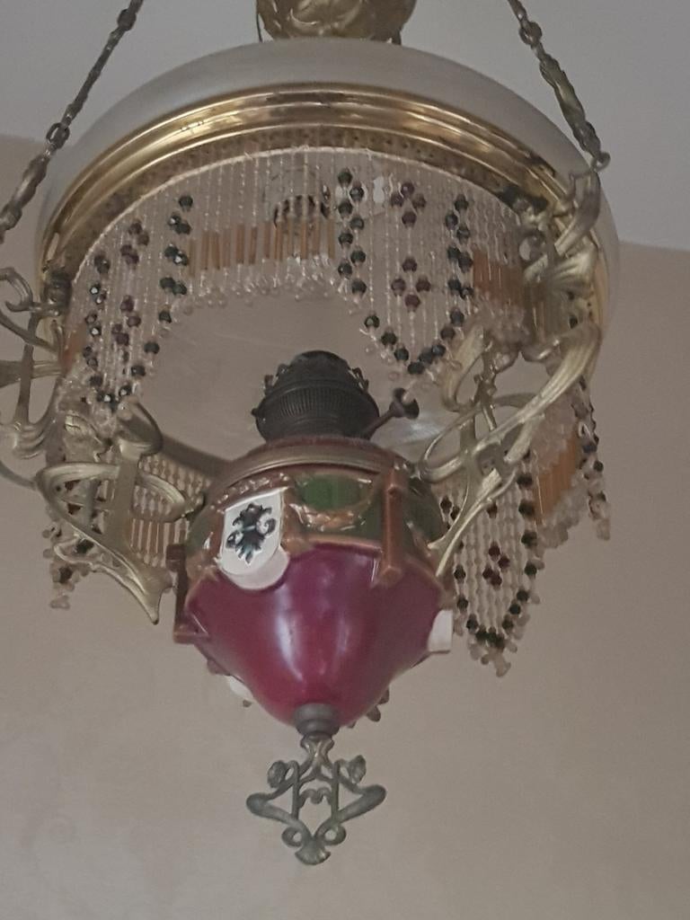 Antieke olielamp / hanglamp met glazen kralen, Antiek en Kunst, Ophalen of Verzenden