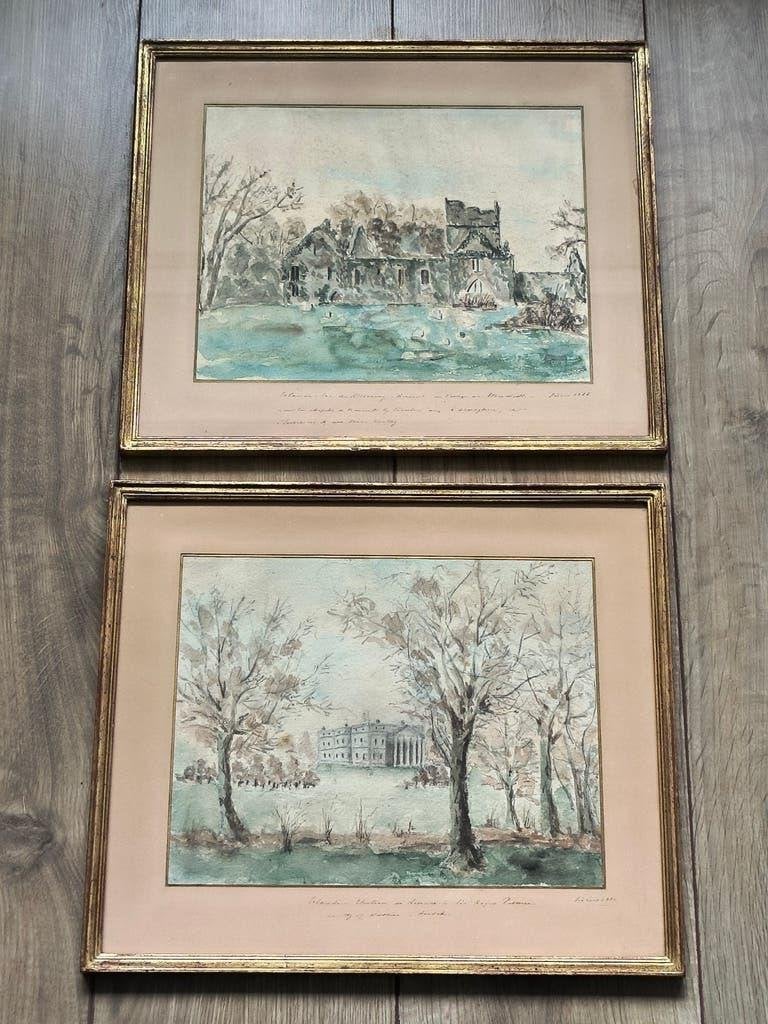 Paar 19e eeuwse aquarellen, ingelijst/gesigneerd, Antiek en Kunst, Kunst | Schilderijen | Klassiek, Landschap, Papier, Ophalen